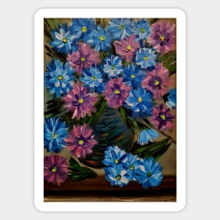 A lovely boutique of abstract metallic flowers in a blue vase . Sticker